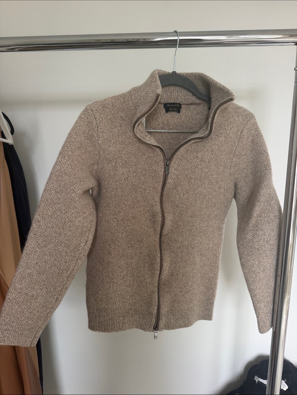 Massimo Dutti Beige Full-Zip Knit Sweater